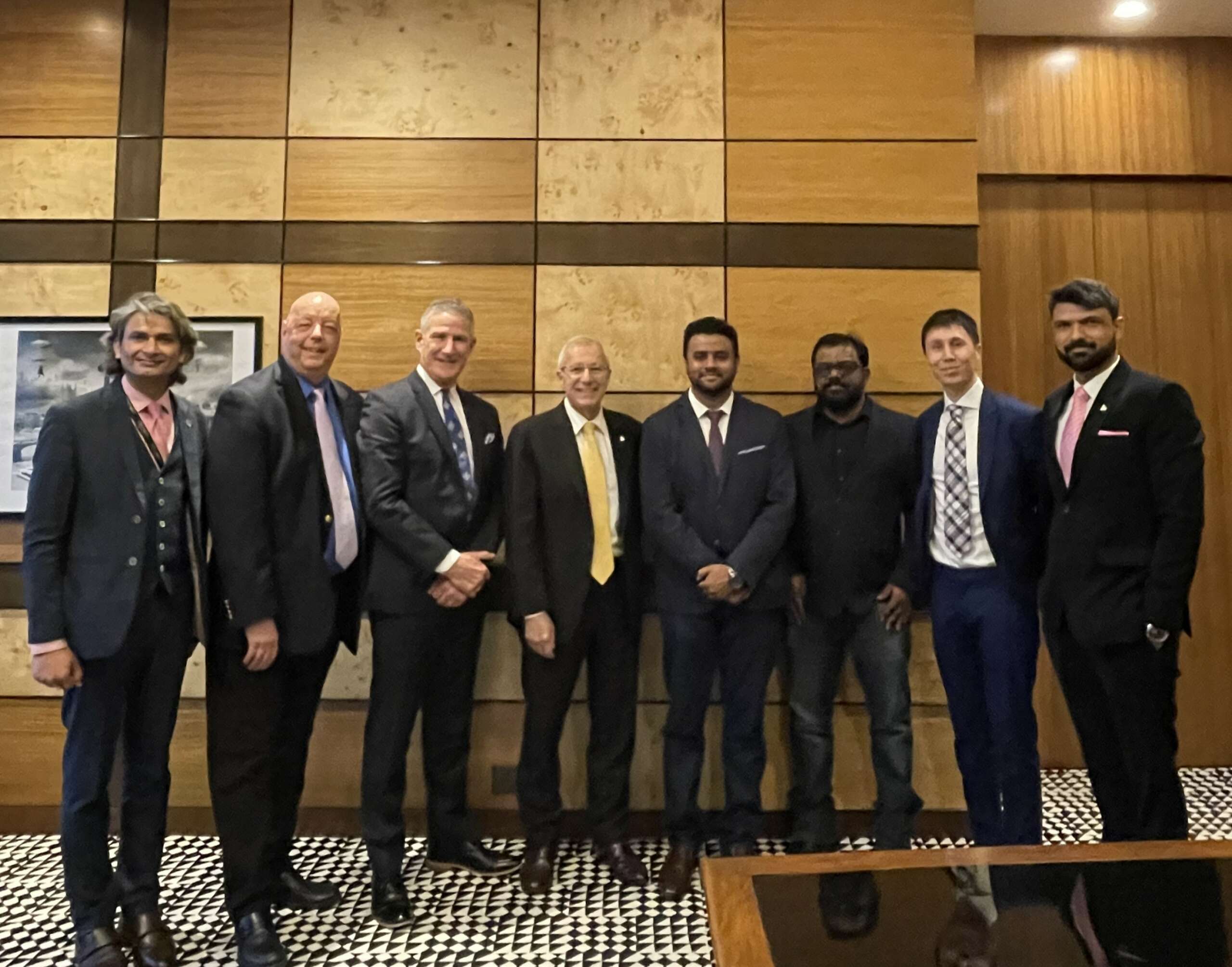 The CSM Tech team smiling with the Toronto Global team with Minister Victor Fedeli in Mumbai, India.