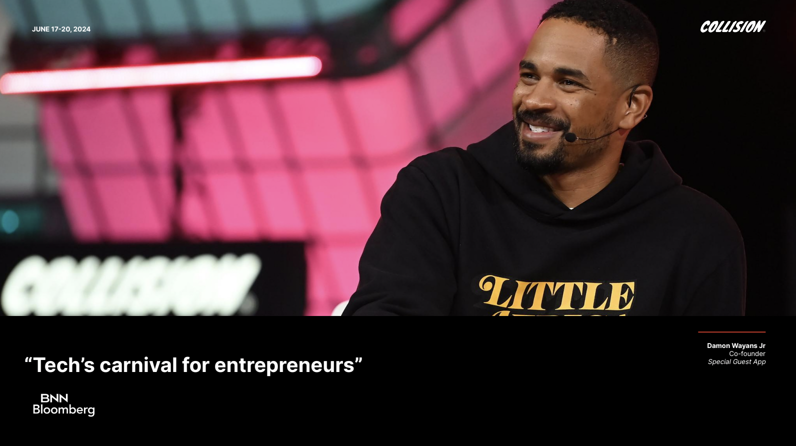 Collision Conference promotional image with actor Damon Wayans Jr. smiling on stage.