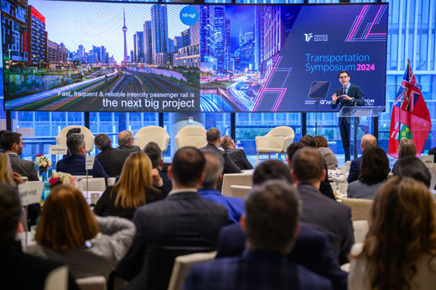 Martin Imbleau, CEO of VIA HFR – VIA TGF Inc., speaking at the Toronto Region Board of Trade’s Transportation Symposium on March 16th, 2024. Image credit: Toronto Region Board of Trade.